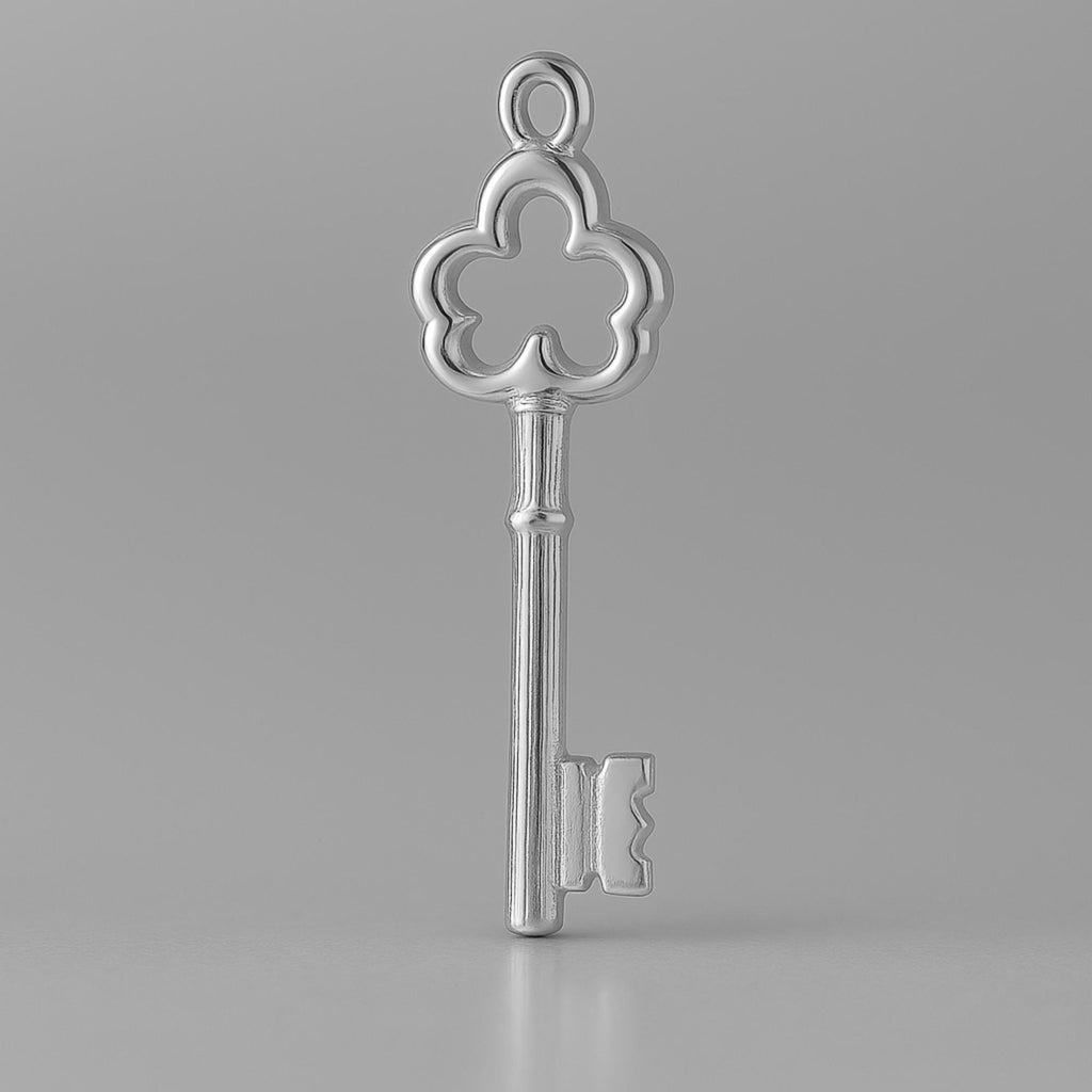 9ct White Gold - Ornate Clover Castle Key Charm