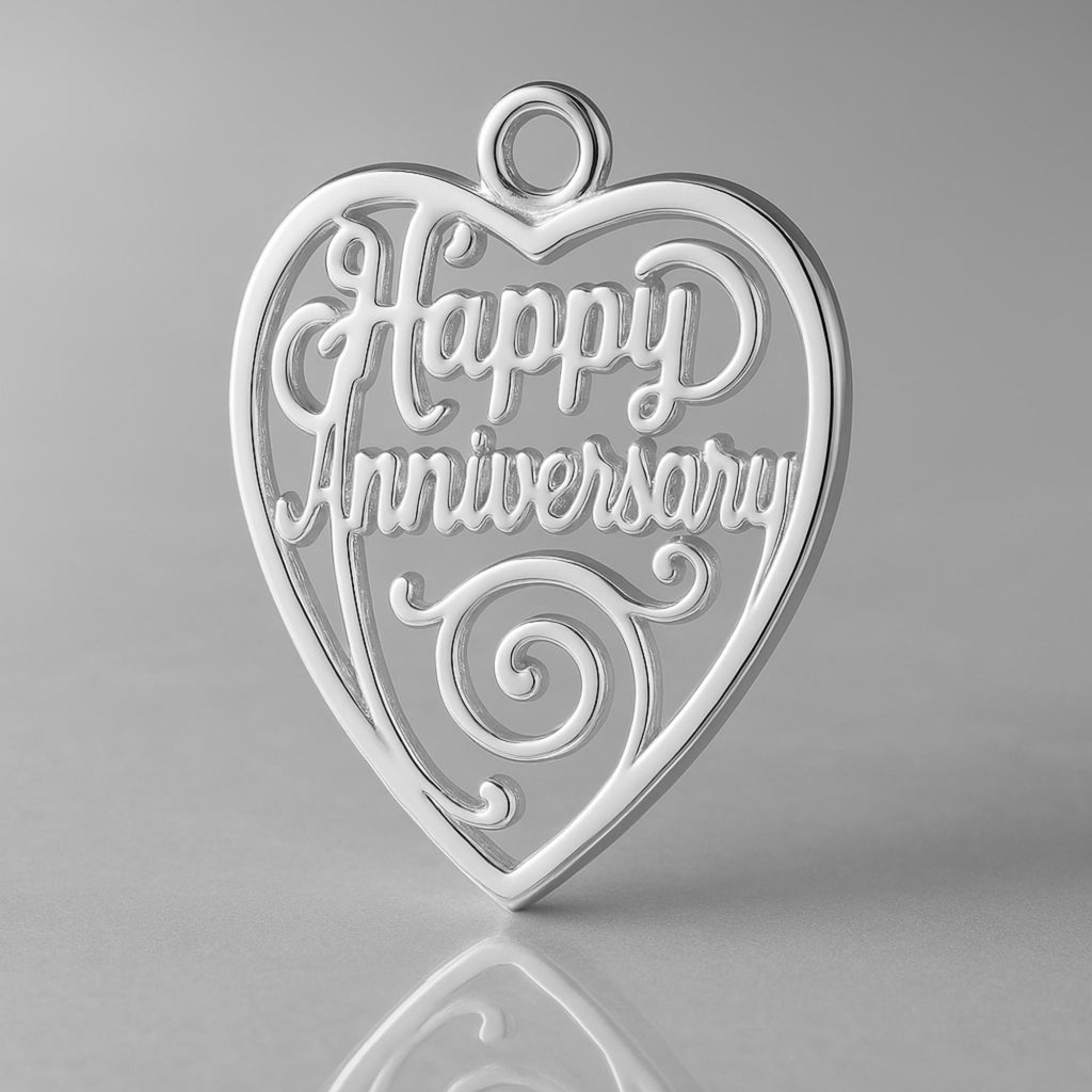 9ct White Gold - Happy Anniversary Openwork Heart Charm