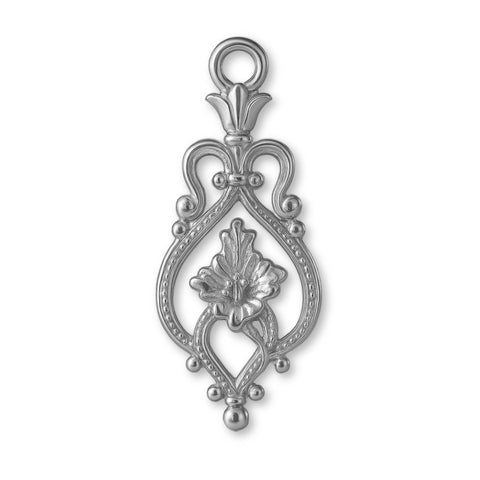 18ct White Gold - Floral Filigree Crest Charm
