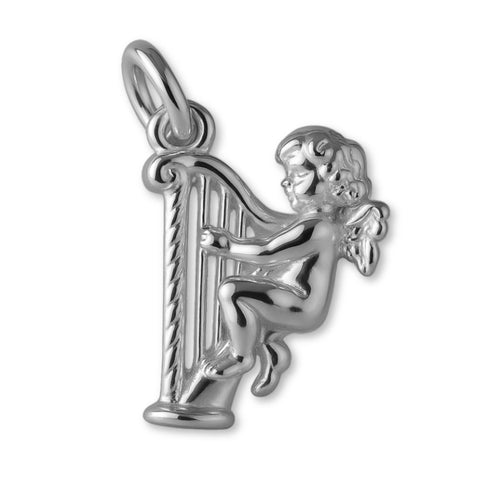 9ct White Gold - Angel Playing Harp Charm