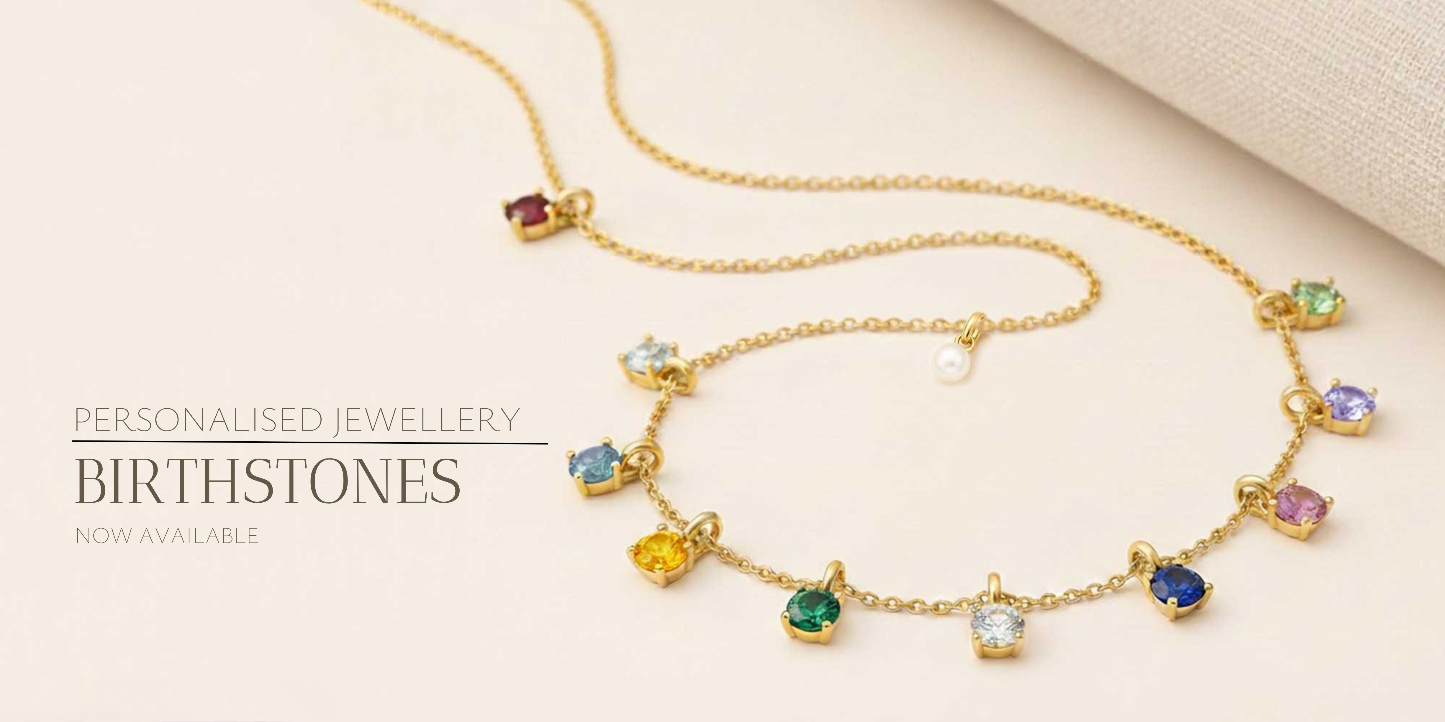 Birthstone Jewellery Charms Threaded Through a Solid 9ct Gold Chain